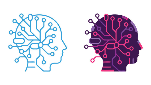 Artificial intelligence brain profile icon with complex neural network circuit patterns representing machine learning and human computer interaction in professional vector illustration style