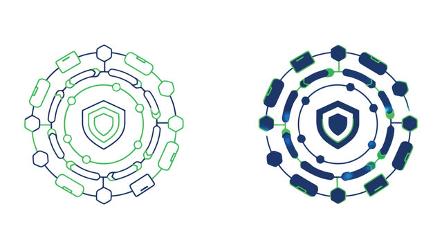 Cybersecurity shield protected by circular network gear nodes and data flow paths for network security and digital infrastructure protection concepts in dual style vector graphics isolated