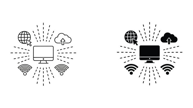 Global network connectivity icon featuring desktop computer with wifi signals and cloud upload symbols in clean flat vector style for digital communication and internet infrastructure concepts