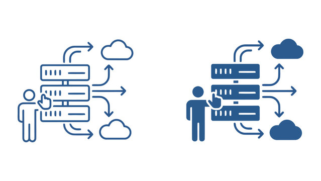 System administrator managing cloud server infrastructure and data routing with digital interface icons in flat vector illustration style for enterprise IT management and cloud computing concepts