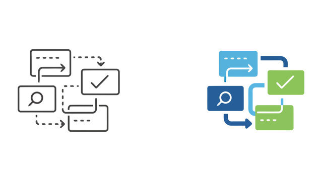Workflow process automation icon with task management steps and checkmarks for project management and business operational efficiency optimization diagrams in a clear vector graphic style