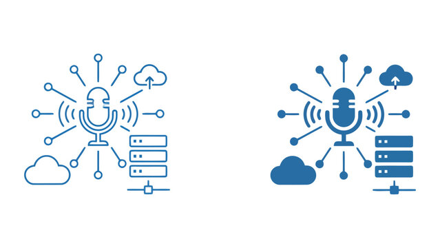 Cloud audio streaming server icon with microphone broadcasting data to server towers and cloud storage representing network multimedia distribution in flat vector professional graphics style