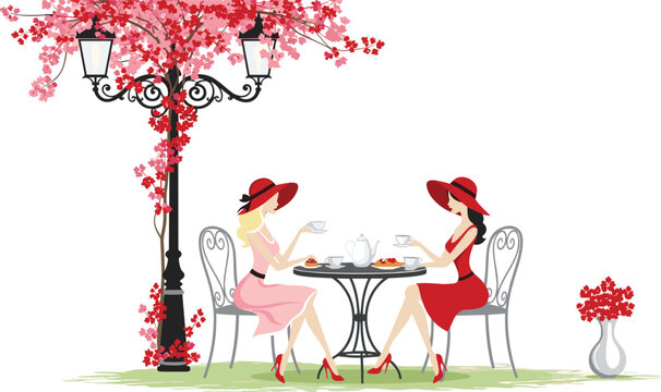 PrintElegant women drinking tea at Parisian street outdoor cafe table under blooming pink flower lamppost vector illustration isolated on white background