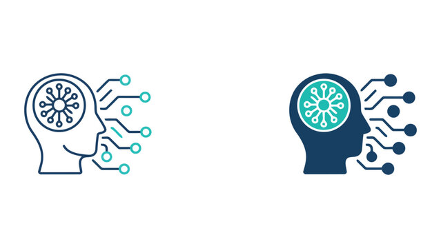 Artificial intelligence human head neural network vector icon set showing digital thinking processes and machine learning brain connectivity for technology and psychological science research design