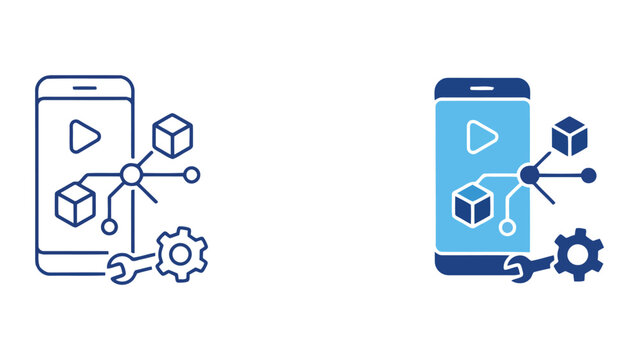 Mobile application development and maintenance icon with 3d cube nodes and wrench tool for software engineering and app optimization concepts in dual vector graphic style isolated