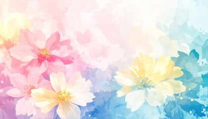 Obraz premium Watercolor floral scene featuring cosmos flowers in pastel hues and a colorful wash background