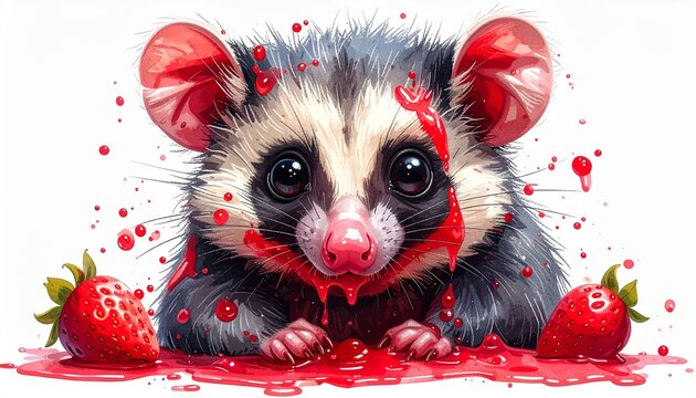 Adorable Ring-tailed Possum with Strawberries in Watercolor Style.
