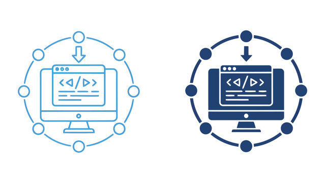 Software development environment integration icon showing computer monitor with code tags and surrounding node network for programming and web application deployment architecture illustration
