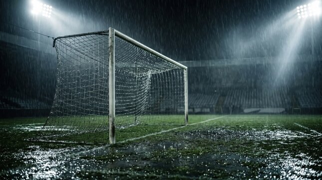 Angled football goal beside wet touchline during rain