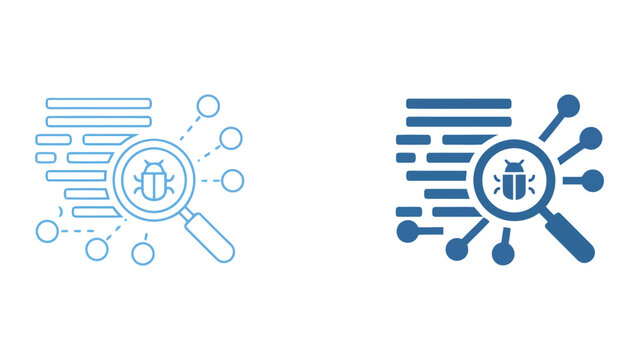 Software bug detection and debugging icon with magnifying glass and code lines for programming and technical analysis concepts in professional flat vector design isolated on white background