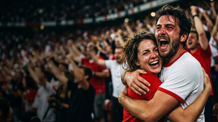 Fototapeta premium Emotional Soccer Fans Celebrating a Goal and Hugging in a Packed Stadium