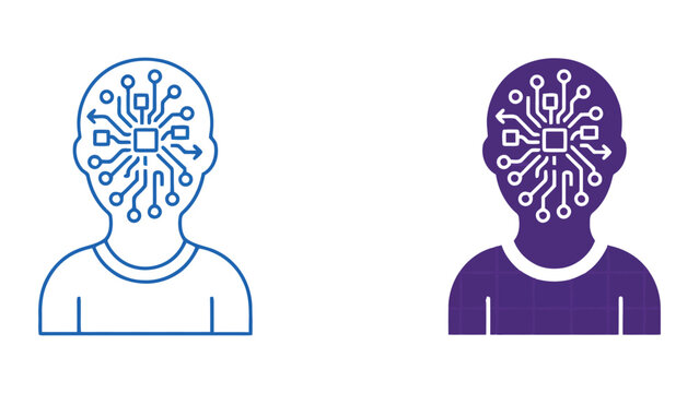 Human head profile with complex neural network circuit pattern inside for artificial intelligence and cognitive computing technology concept as grid background vector icon illustration