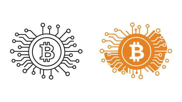 Bitcoin cryptocurrency coin icon set with integrated digital circuit network nodes for financial technology and blockchain security concepts in professional orange vector graphic style design
