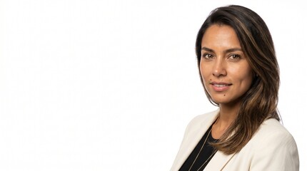 Fototapeta premium Luxury Corporate Portrait of Confident Latina Businesswoman in Cream Blazer Against Clean White Studio Background with Large Copy Space for Advertising Layout