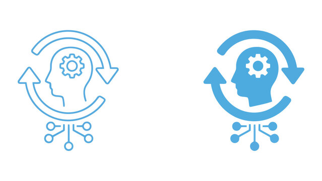 Machine learning brain gear cycle icon set representing continuous optimization and automated data processing for smart systems and artificial intelligence software development lifecycle graphics
