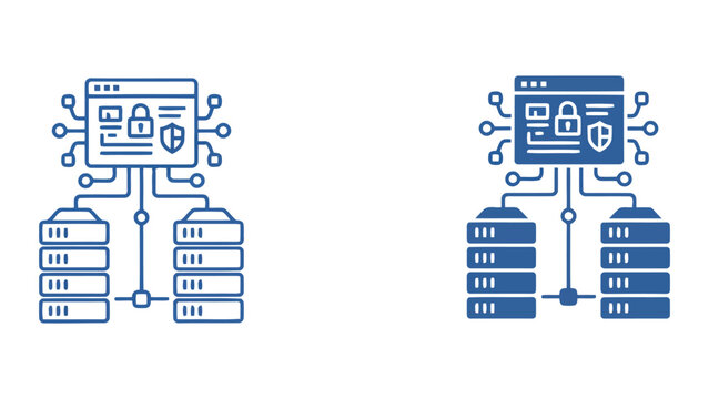 Secure web server architecture icon with padlock shield protection showing encrypted data storage and network security protocols for enterprise information systems in flat vector graphic style