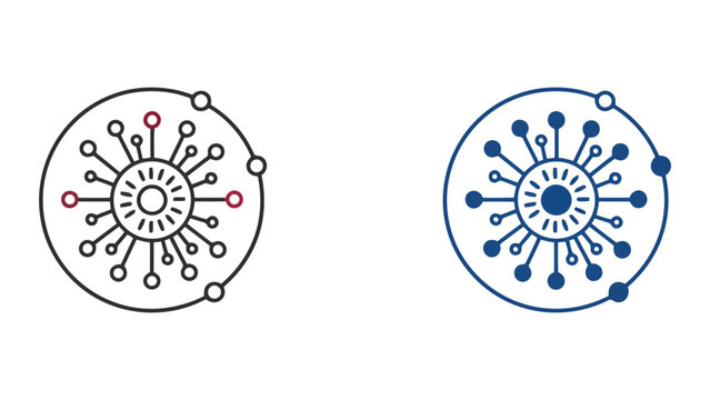 Data hub network node icon with circular connection points and central core representing centralized information processing and connectivity in professional vector graphic format