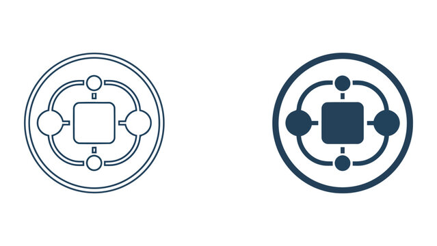 Centralized network hub connection icon set featuring core node with peripheral links for distributed system architecture and digital communication technology infrastructure graphic design elements