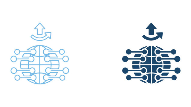 Global network connectivity icon set featuring interconnected globe nodes with upward directional arrows in blue outline and solid styles for international internet communication concepts