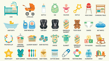 Naklejka premium Baby items icons set for nursery or childcare.