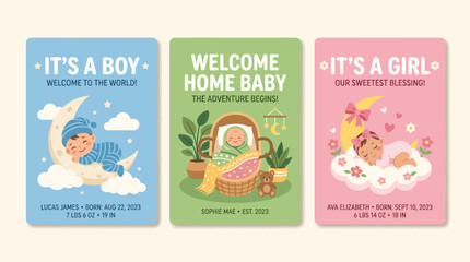 Fototapeta premium Baby Welcome Home Cards Set.