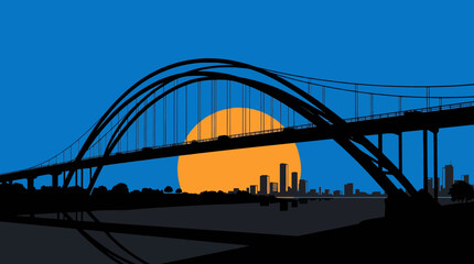 Fototapeta premium Silhouette of a grand arch bridge at sunset.