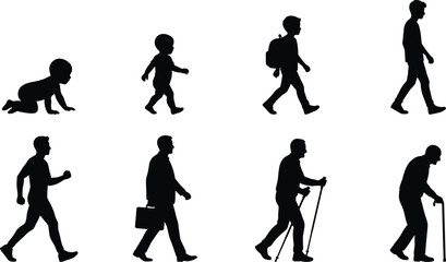Fototapeta premium Human Life Stage Silhouette Collection from Baby to Senior Walking Vector Set