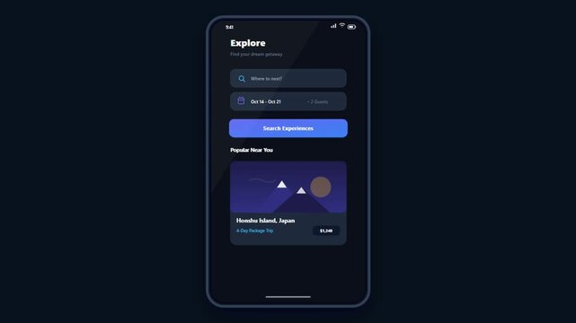 Modern Travel App User Interface Video Clip on Smartphone Showing Dark Mode Search Screen for Honshu Island Japan Vacation Packages and Dynamic Navigation UI Design.