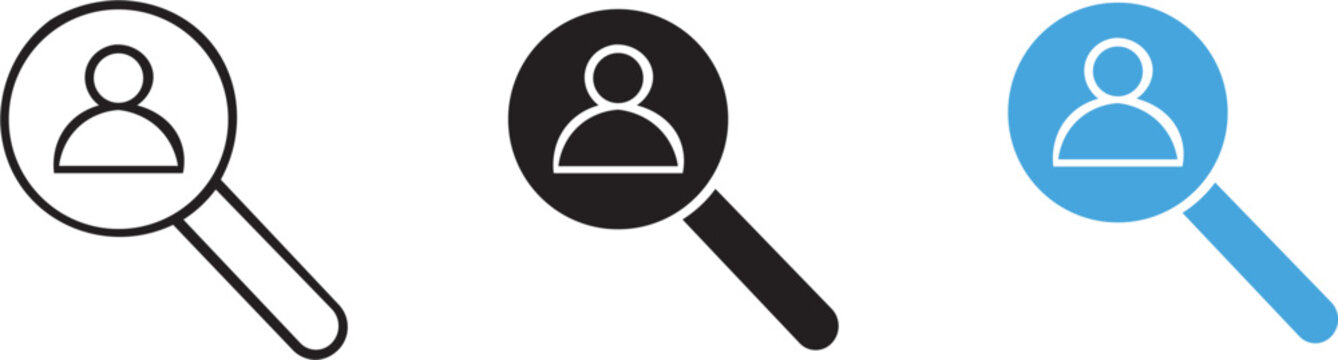 User profile search icon set depicting people discovery and identity finding