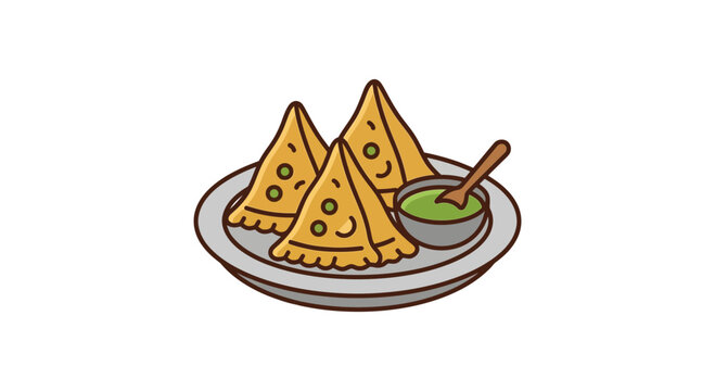 Delicious Samosas with Green Chutney on a Plate - Cartoon Style