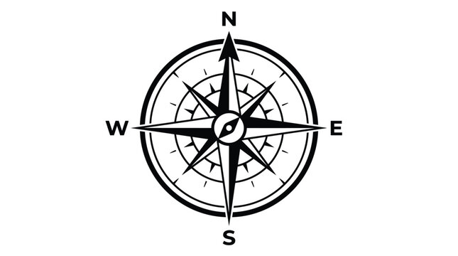 Detailed black and white vector illustration of a classic nautical compass showing cardinal directions with sharp artistic lines isolated on a clean and plain white background