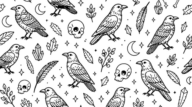 Detailed black and white raven and skull pattern design.