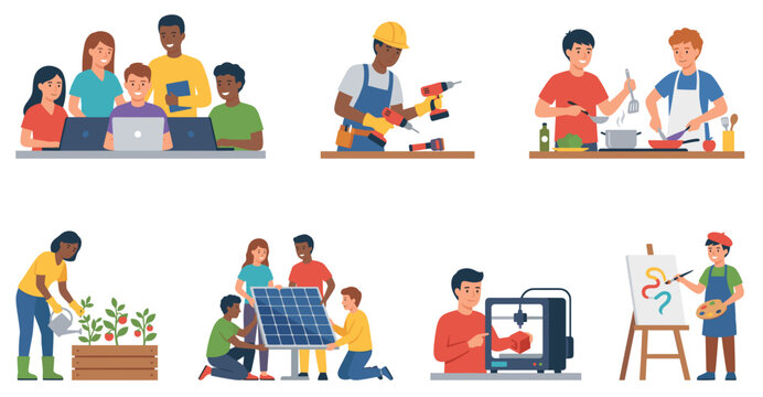Flat world youth skill day vector set. Diverse young people learning computer coding, carpentry, cooking, gardening, solar panel installation and art.