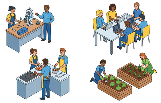 Isometric world youth skill day vector set. Diverse young students learning robotics engineering, computer coding, kitchen cooking and agriculture planting.