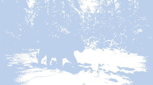 Silhouette of a wolf walking in a snowy forest, abstract blue and white art