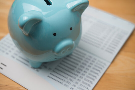 Closeup blue piggy bank on savings deposit account book bank background. Personal financial management, financial literacy, retirement planning, save money for future and so on concept.