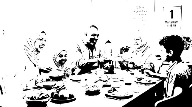 Muslim Family Enjoying Iftar Meal Together During Ramadan