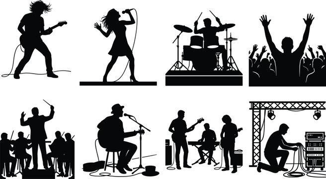 Live Concert Performance and Event Silhouette Icon Set Featuring Musicians Band Audience and Stage Technician