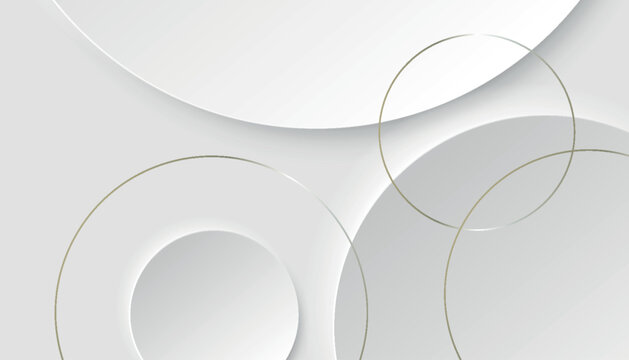 Abstract smooth white gradient background with overlapping 3D circles and luxurious gold line decoration. Elegant design with modern light and shadow effects. Vector EPS. 3