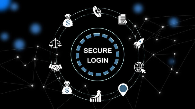 Secure digital login concept with blue binary code, padlock, fingerprint, globe and shield on dark background