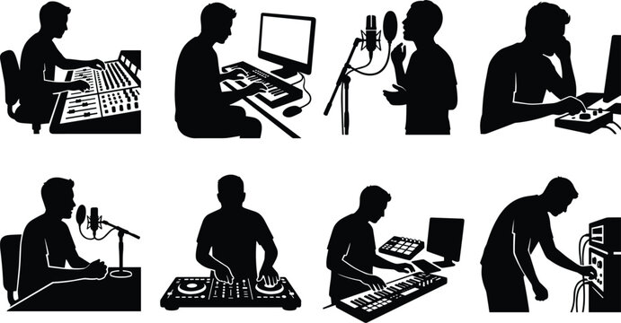 Audio Production and Recording Studio Silhouette Icon Set Featuring Sound Engineers Musicians DJs and Podcasters
