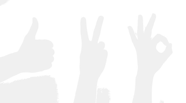 Multiple hands showing positive gestures: thumbs up, peace sign, and ok sign.