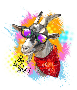 Crazy close up goat in sunglasses and bandana design vector illustration