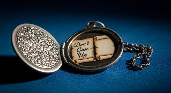 A silver locket with an engraved design lies open on a blue surface, revealing a note inside.