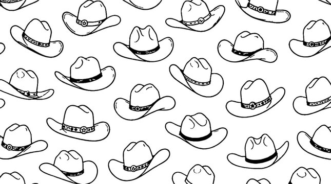 Repeating pattern of cowboy hats in black and white.