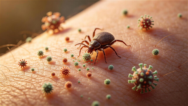 Tick and Virus Invasion: A close-up view reveals a tick crawling on skin, surrounded by various viruses and bacteria, highlighting the microscopic threat of disease transmission.