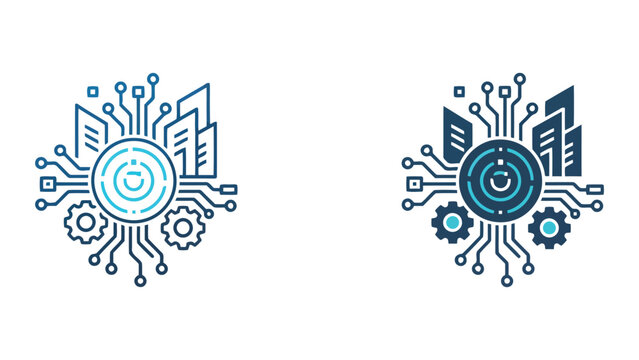 Smart city infrastructure and digital transformation icon featuring circuit board patterns and gear mechanisms for urban technology planning and modern industrial automation concepts