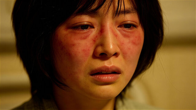 A Woman's Anguish: A close-up portrait captures the raw emotion of a woman's face, her eyes filled with tears and her cheeks bruised, reflecting a moment of deep distress and pain.
