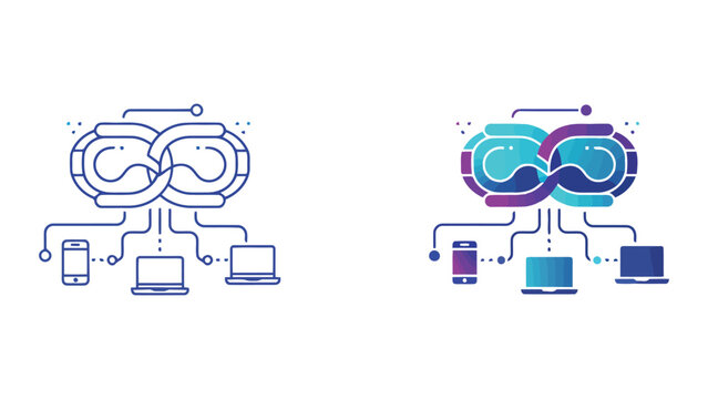 Infinity loop network connection icon set showing multiple device integration including smartphone laptop and computer workstation for seamless digital transformation and cloud computing concepts