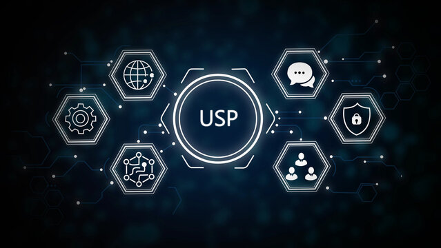 Usp (unique proposition) concept with gears, light bulb, clock, target, handshake, puzzle, and compass on dark blue background